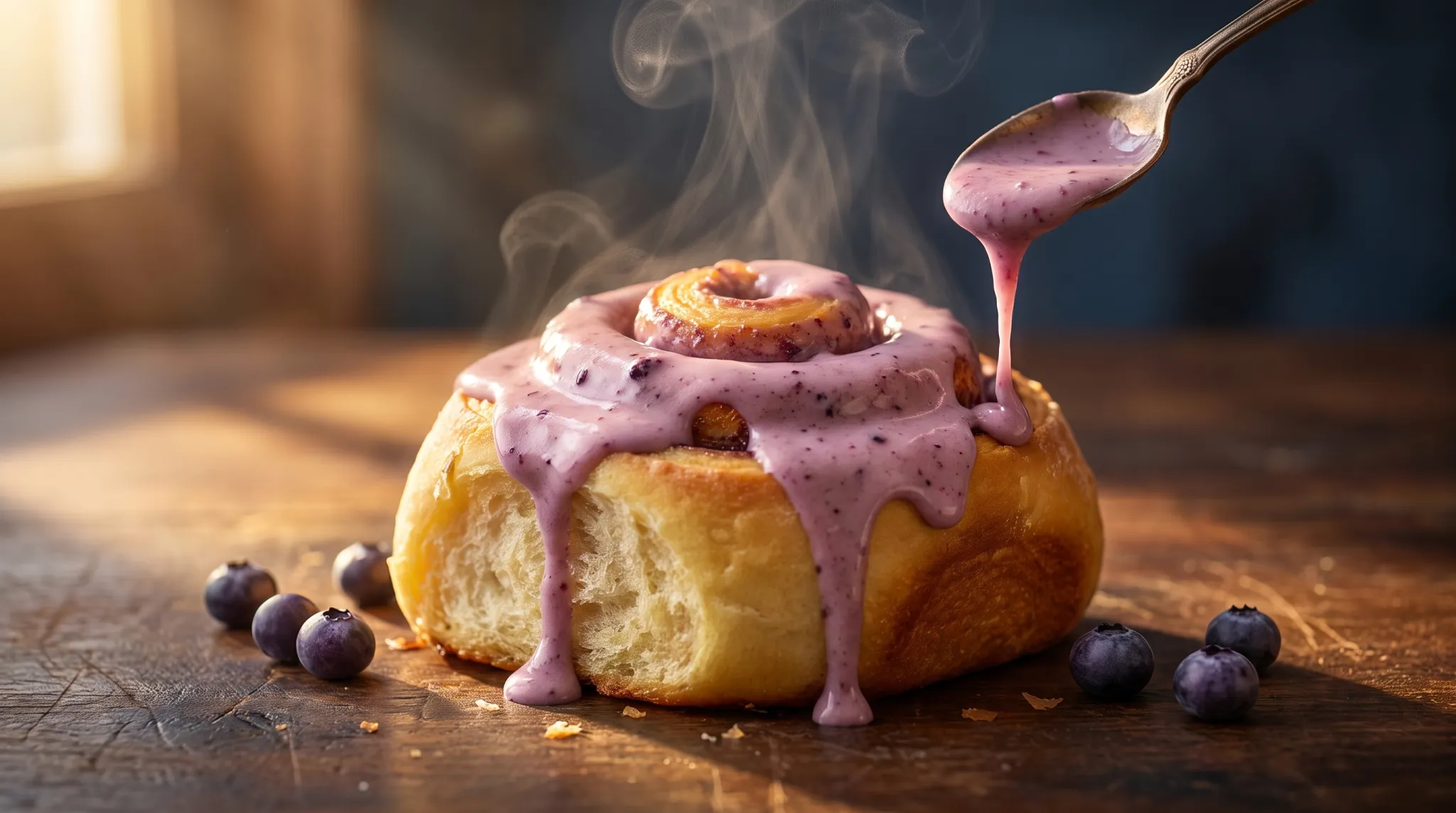 A huckleberry cinnamon roll with lavender frosting in warm morning light